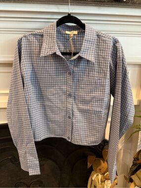 easel Blue and White Checked Cropped Button-Up Shirt